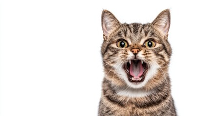 Angry and surprised cat isolated on white background with a funny and excited expression 