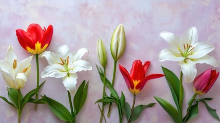 Naklejka premium A vibrant arrangement of tulips and lilies on a soft pastel background.
