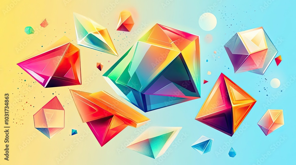 Poster abstract colorful geometric shapes floating in space