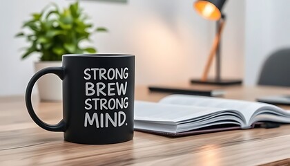 Strong Brew Strong Mind: A motivational mug on a desk, with a book, pen, and plant in the background.  This image is perfect for anyone who needs a little pick-me-up and a reminder to stay strong.
