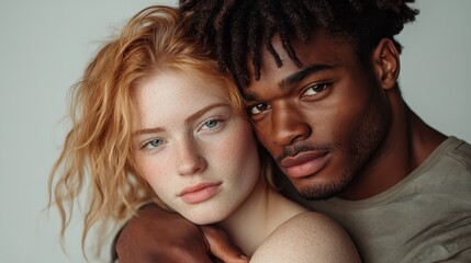 A serene and harmonious couple embraces closely, showcasing contrasting skin tones and features, creating a beautifully balanced and intimate composition.