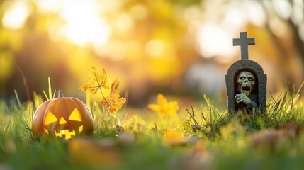 A spooky scene featuring a carved pumpkin and a grave marker, capturing the essence of autumn and Halloween.