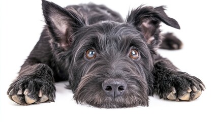 A black dog rests with its paws outstretched, gazing curiously at the viewer.