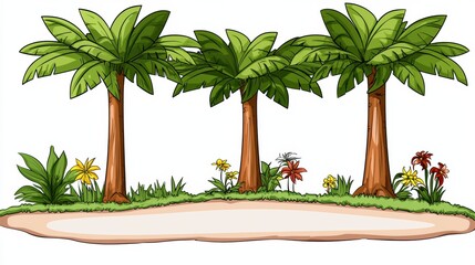 Obraz premium Lush Tropical Landscape with Vibrant Green Palm Trees and Foliage on a Scenic Island Paradise
