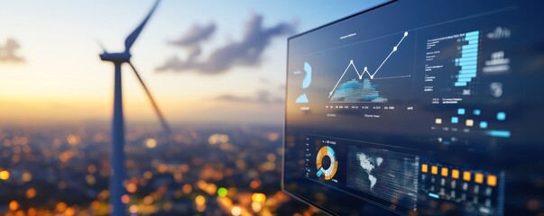 Wind Turbine Against Cityscape at Sunset Featuring Digital Data Insights Display