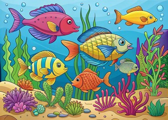 Naklejka premium Underwater Life Coloring Book Illustration Featuring Angler Fish and Marine Animals