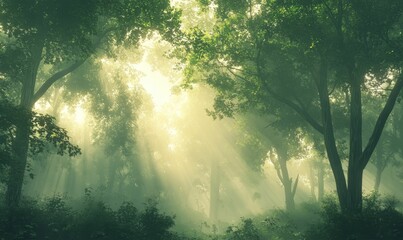 Sunlight streams through misty green forest.