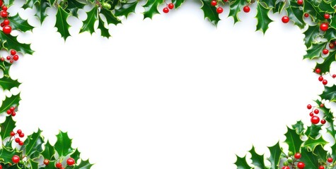 A decorative border of holly leaves and red berries on a white background for festive use.