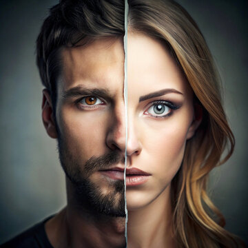 In eerie silence, a face split in two, the right side a man, the left a woman.