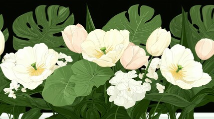 Seamless Floral Pattern   White and Pink Tulips with Tropical Leaves