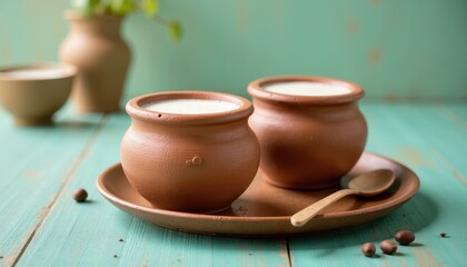 Traditional lassi served in earthenware showcasing rustic charm on a soft teal background.
