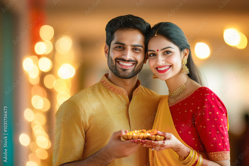 Canvas Prints young indian couple holding sweet plate on diwali festival