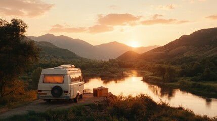 A vintage van parked by a peaceful riverbank with mountains in the background under a setting sun, conveying tranquility and exploration in a natural setting.