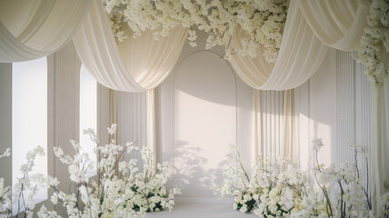 serene and elegant white walled room adorned with flowing drapes and delicate floral arrangements, creating tranquil atmosphere perfect for events