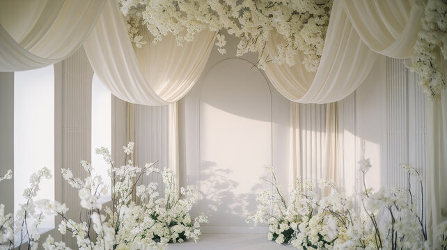 serene and elegant white walled room adorned with flowing drapes and delicate floral arrangements, creating tranquil atmosphere perfect for events