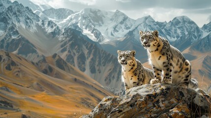 Fototapeta premium Majestic Snow Leopards Grace the Rugged Mountains of Their Natural Habitat in Stunning Detail