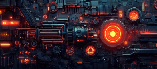 Abstract industrial background with glowing red elements and detailed metallic gears, pipes and wires.