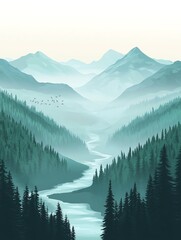 Fototapeta premium Serene mountain landscape with river flowing through dense forest.