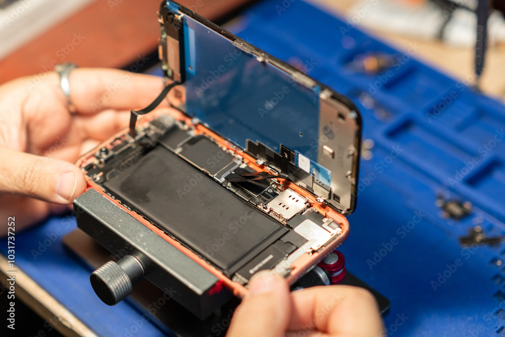 Poster smartphone battery repair in a tech shop showing detailed disassembly and replacement process on a w