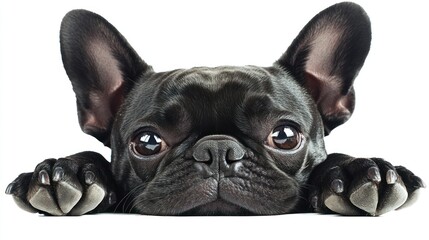 Fototapeta premium A close-up of a black French Bulldog resting its head on its paws, with large expressive eyes.