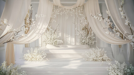 serene and elegant white walled room adorned with soft drapes and delicate floral arrangements, creating tranquil atmosphere perfect for relaxation or celebration