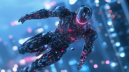 Obraz premium Cybernetic Soldier Leaping from Rooftop in Futuristic Urban Battlefield | Ultra-Detailed 3D Render Illustration