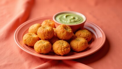 Unique presentation of crispy bhajiya arranged on a soft coral surface for festive delight.