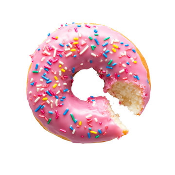 High-Quality PNG of Pink frosted donut with colorful sprinkles with bite missing Isolated on White Background &ndash; High Resolution