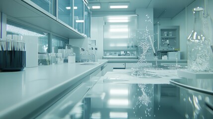 A Laboratory Countertop with Spilled Water and Glassware