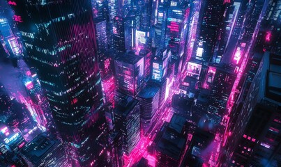 Fototapeta premium Neon-lit cityscape at night, aerial view.