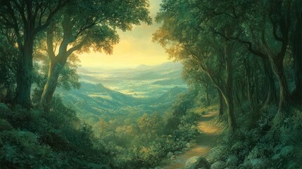 Obraz premium A serene forest landscape at sunset, showcasing lush trees and distant hills.