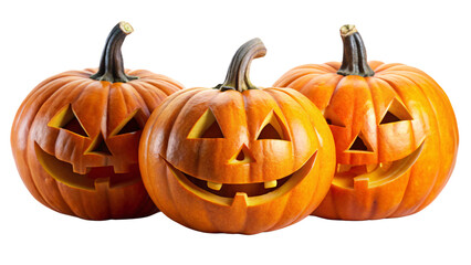 Three carved pumpkins with varying mischievous expressions, showcasing the classic Halloween tradition of pumpkin carving, against on a transparent background