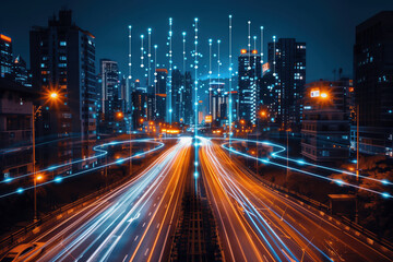 Concept for the development of digital transformation of a smart city. lights and connections over the road, modern cityscape at night.
