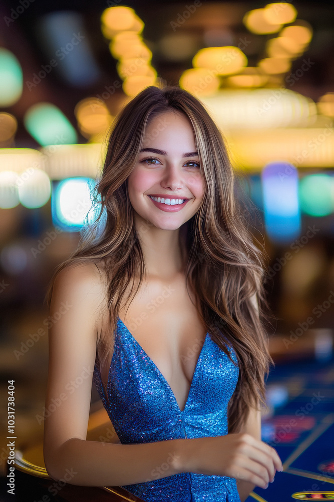 Poster young beautiful woman wearing blue evening dress