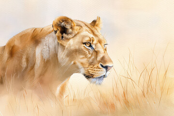 Obraz premium Lioness in the Savannah: A majestic lioness stands tall in a serene savanna landscape, her piercing gaze fixed on the horizon, evoking a sense of power, grace, and untamed beauty. 