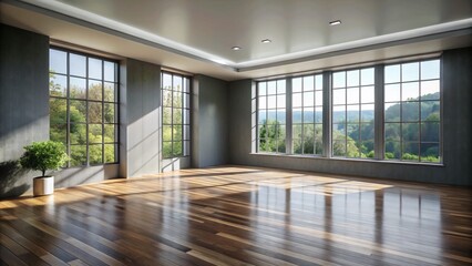 Fototapeta premium Urban Exploration: Empty Room with Gray Walls and Large Windows for Aesthetic Photography