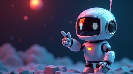 Positive cute robot pointing at a space. Copy space