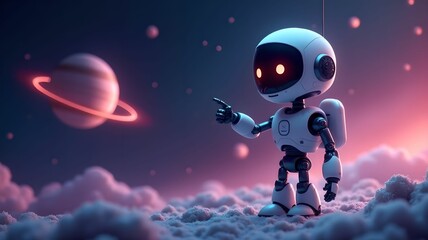 Naklejka premium Positive cute robot pointing at a space. Copy space