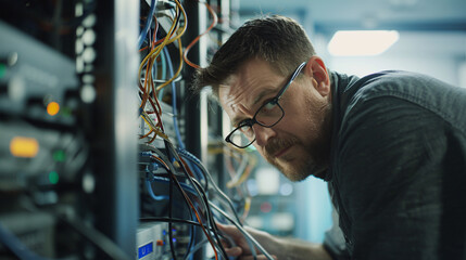 Technician in modern office maintaining network server, surrounded by cables and routers, showcasing focus and professionalism in IT infrastructure management.