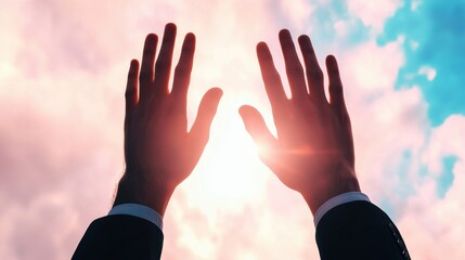 Uplifting Silhouette Hands Reaching Towards Vibrant Sunset Sky
