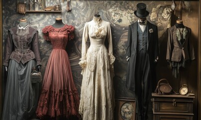 Naklejka premium Vintage clothing display with mannequins and accessories.