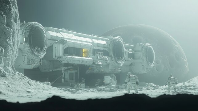 Defense of the Distant Moon - Futuristic Warfare 3D Render Illustration of Advanced Military Outpost with Ultra-Detailed Technology