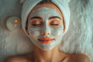 Fototapeta premium Above view of beautiful young woman receiving facial mask while lying down in spa salon and enjoy skincare treatment procedures, Generative AI