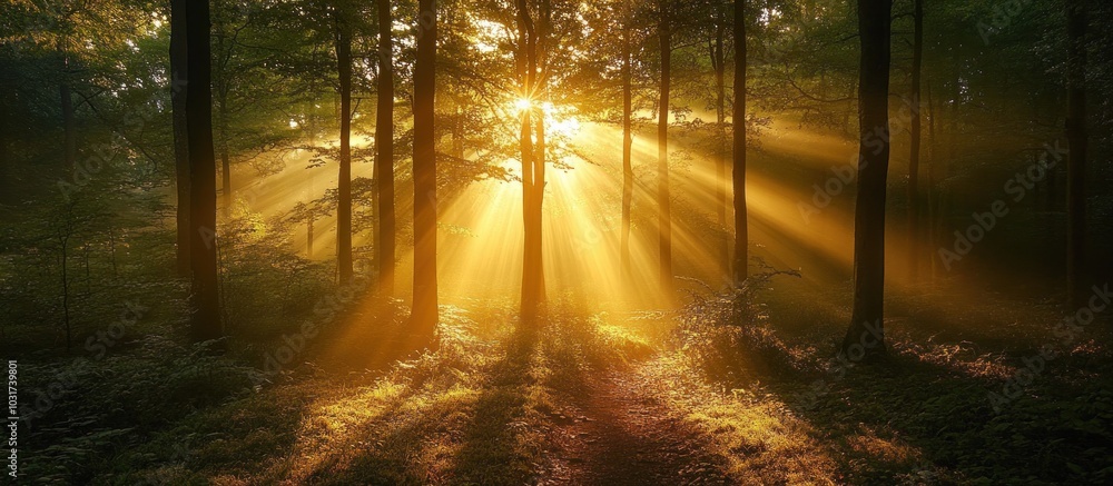 Poster sun rays bursting through trees in a misty forest.
