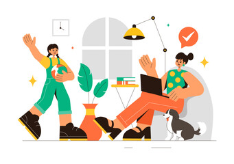 Working Mother Vector Illustration featuring a Mother who Juggles Work and Childcare at Home, Multitasking in a Flat Style Cartoon Background