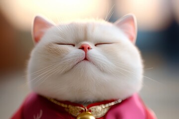 A white cat wears a red shirt; its collar holds a golden bell as its eyes are closed