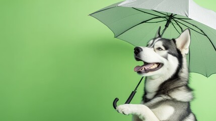 A smiling husky holding an umbrella against a green background.