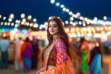 young indian woman dancing at garba