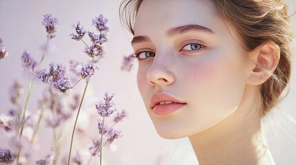 Fototapeta premium Close-up portrait of a young woman with freckles, soft focus lavender flowers in the background.