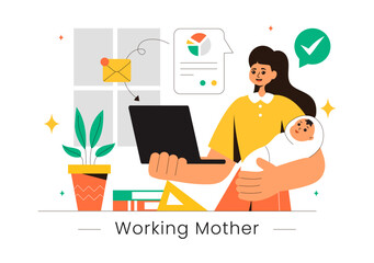 Working Mother Vector Illustration featuring a Mother who Juggles Work and Childcare at Home, Multitasking in a Flat Style Cartoon Background